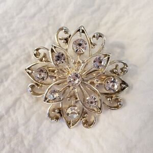 Classic Silver-toned Floral Brooch with Crystal Accents